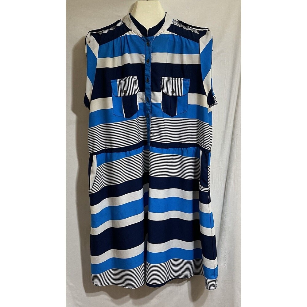 Summer Cooling Classic Nautical Navy White Striped Dress Beach Coastal U